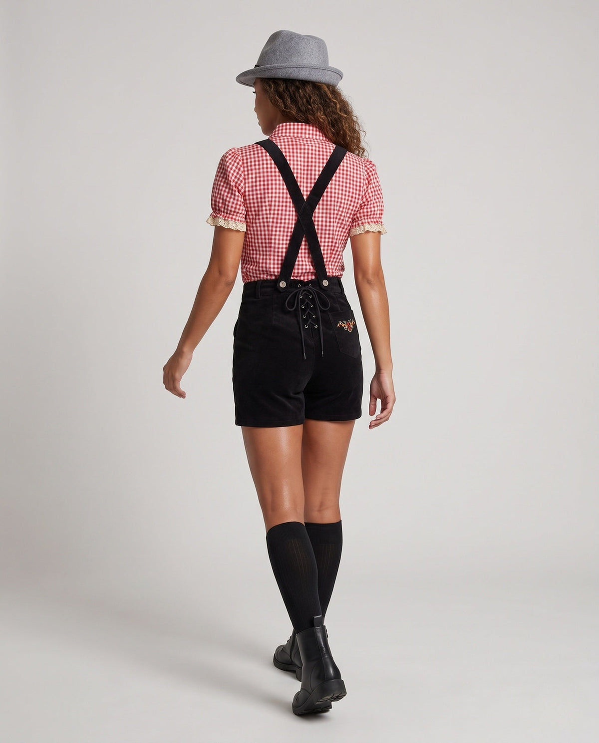 Blouse with Check Pattern and Puff Sleeves for Women