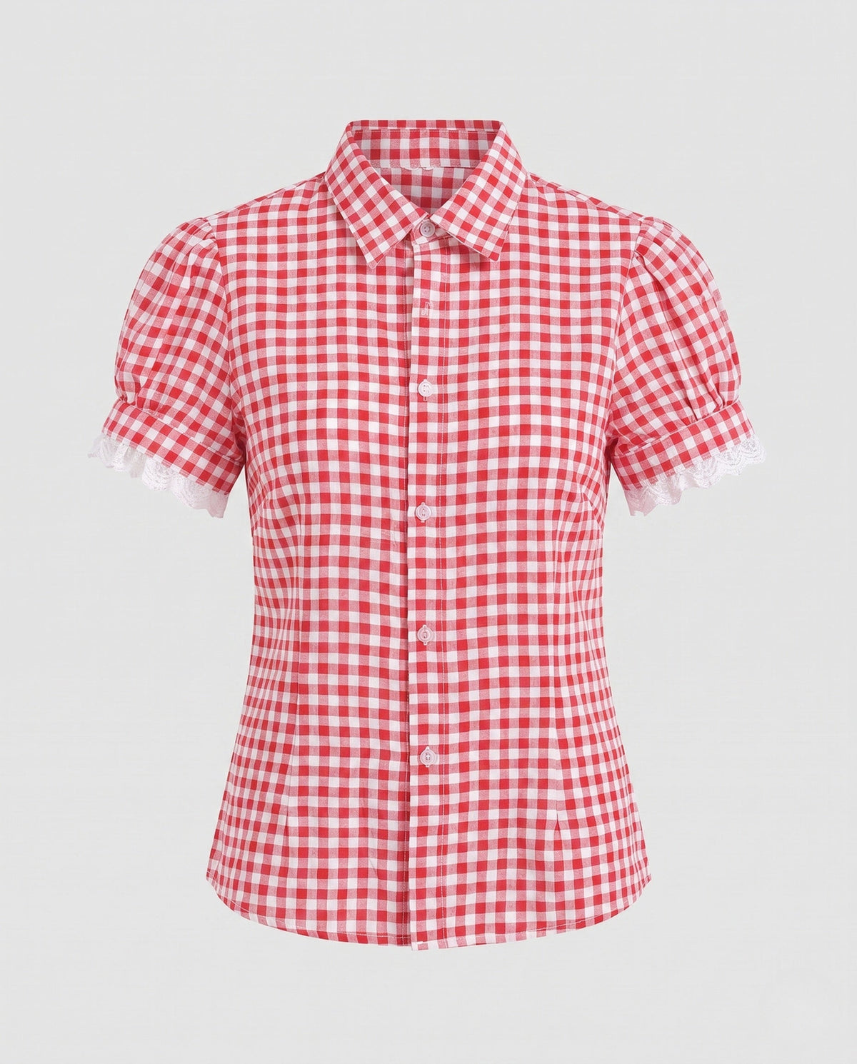Blouse with Check Pattern and Puff Sleeves for Women