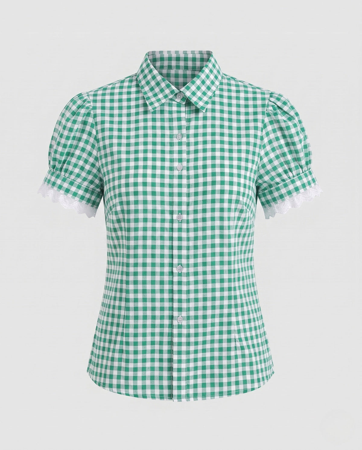 Blouse with Check Pattern and Puff Sleeves for Women