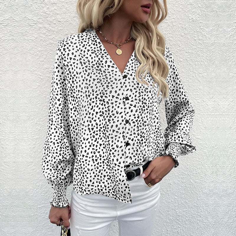 Blouse with Dot Pattern and V-Neck for Women