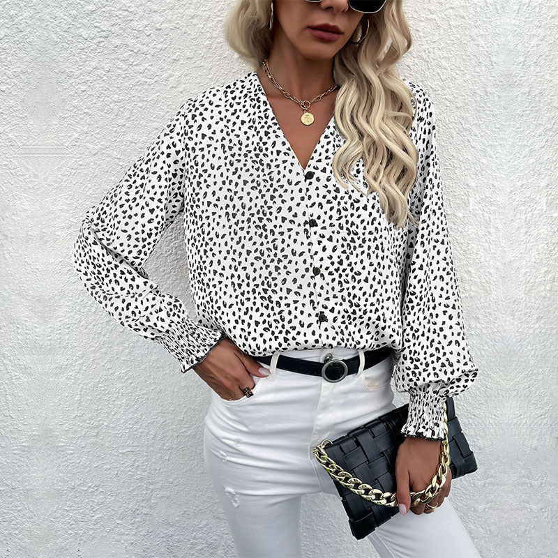Blouse with Dot Pattern and V-Neck for Women