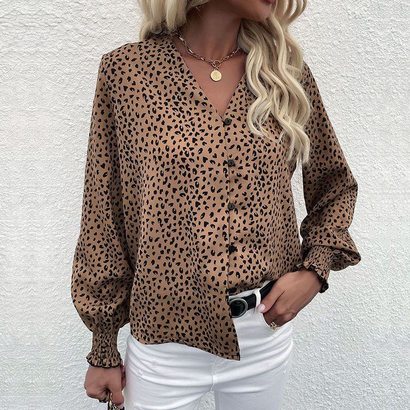 Blouse with Dot Pattern and V-Neck for Women
