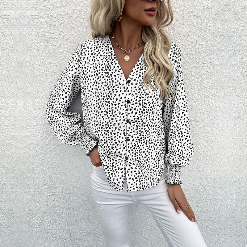 Blouse with Dot Pattern and V-Neck for Women
