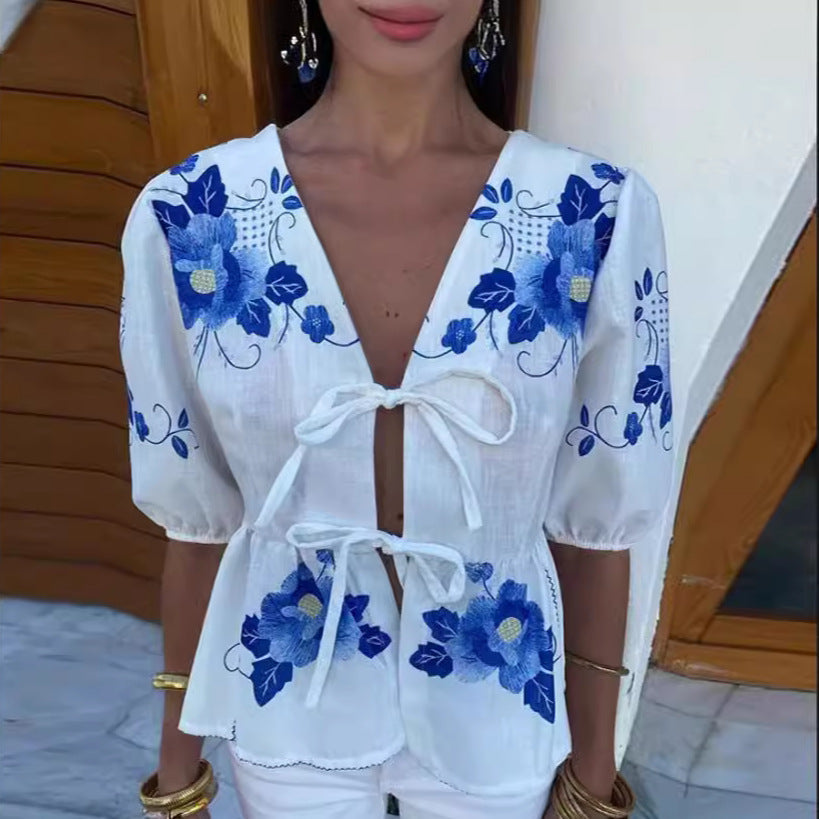 Blouse with Floral Embroidery and Deep V-Neck for Women