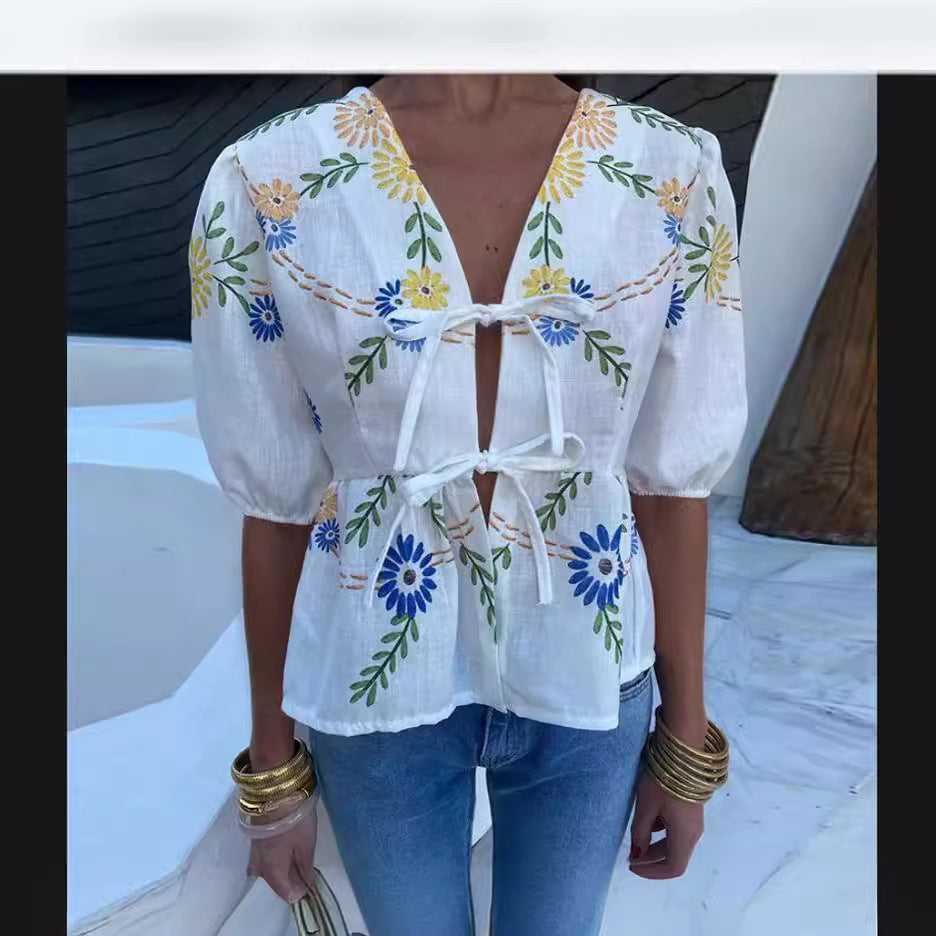 Blouse with Floral Embroidery and Deep V-Neck for Women