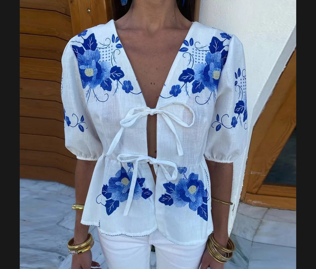 Blouse with Floral Embroidery and Deep V-Neck for Women