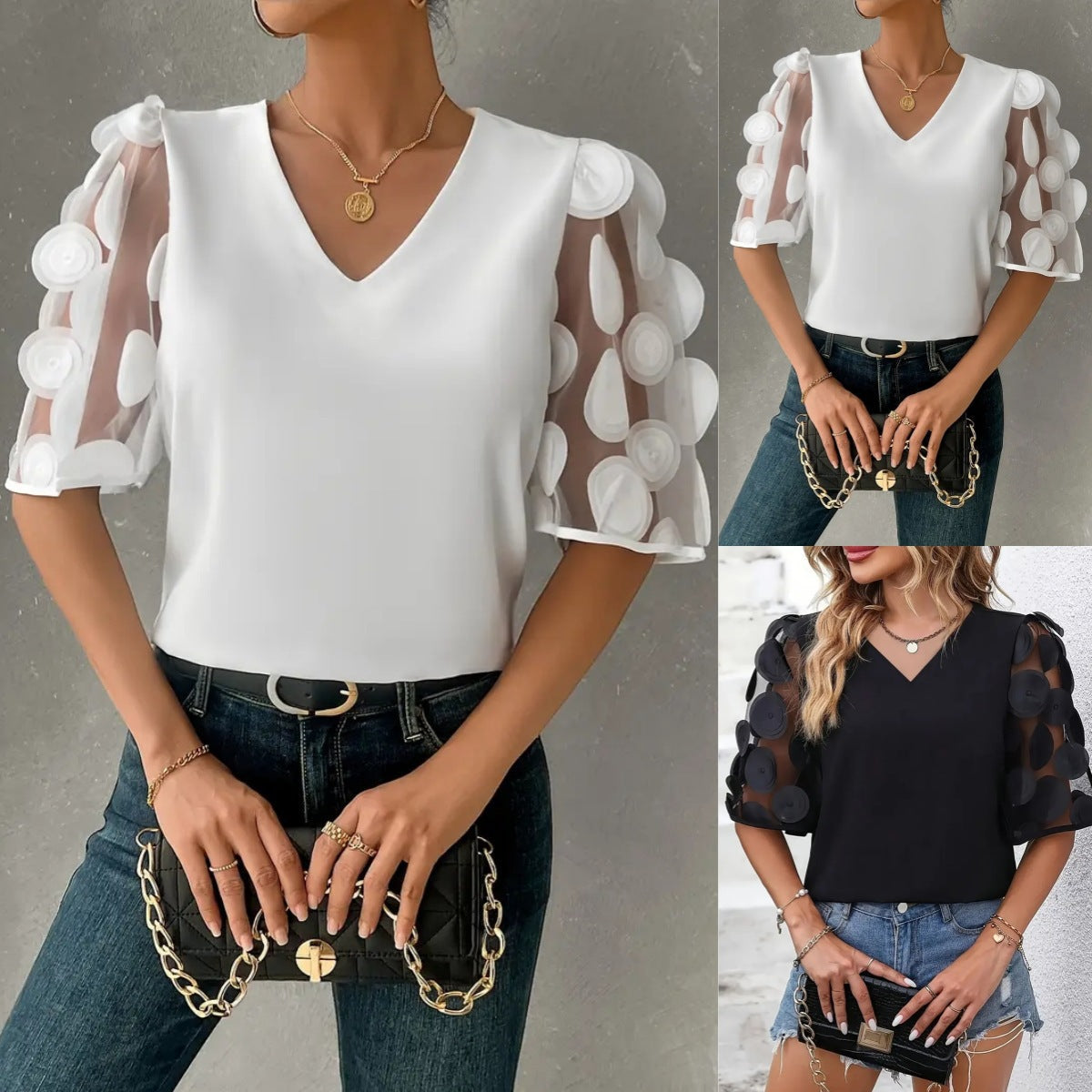 Blouse with V-Neck and Sheer Puff Sleeves for Women