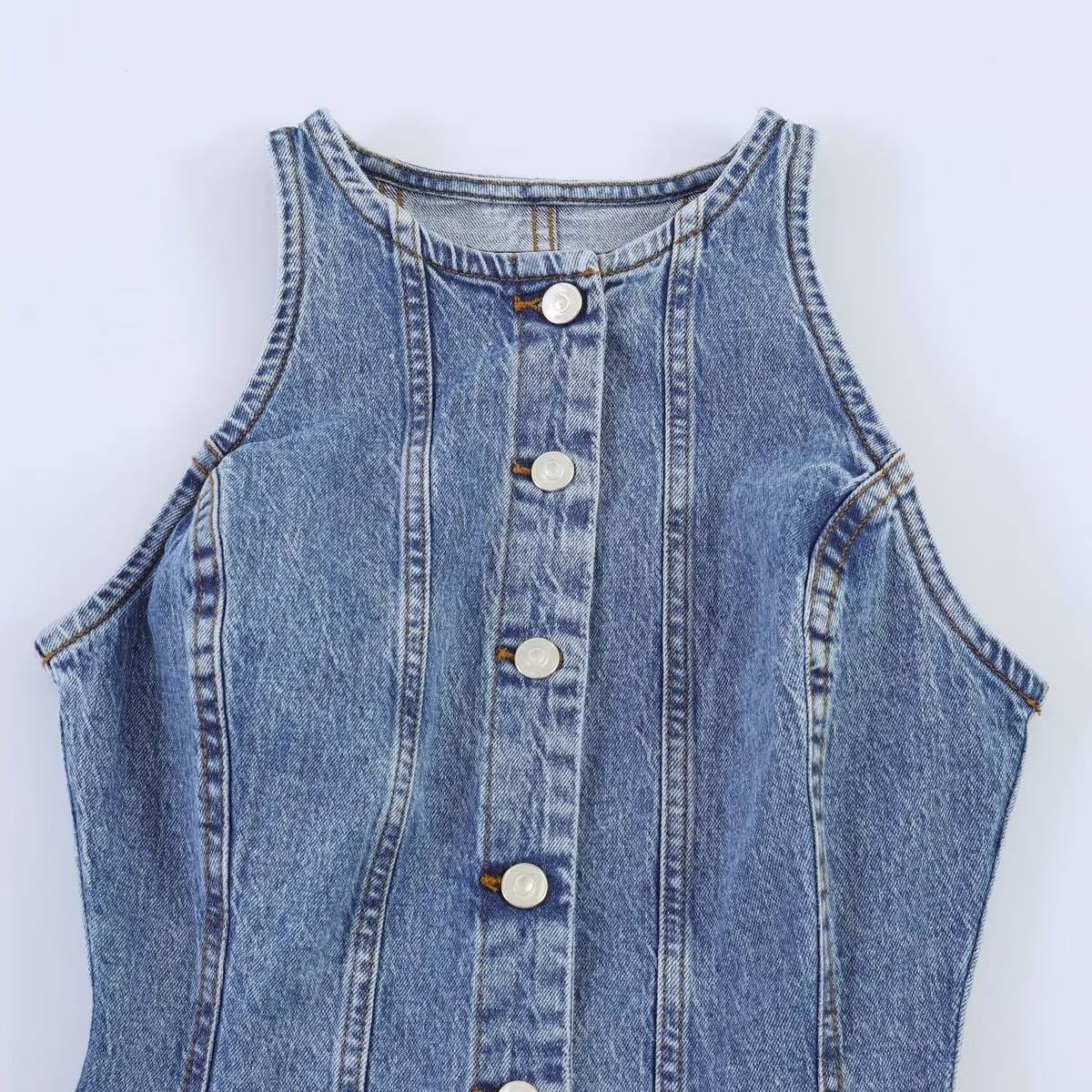 Denim Dress with Round Neck and Buttons for Women