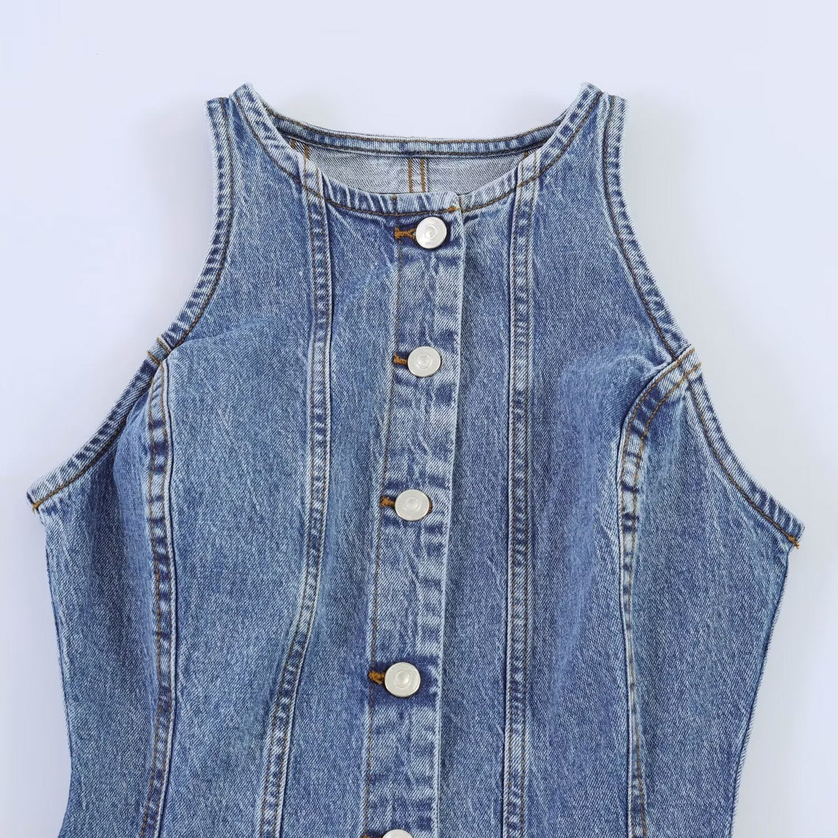 Denim Dress with Round Neck and Buttons for Women
