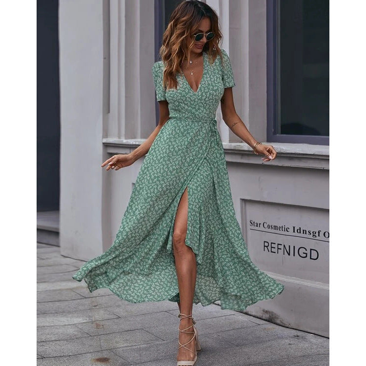 Floral Dress with Wrap Design in Green for Women