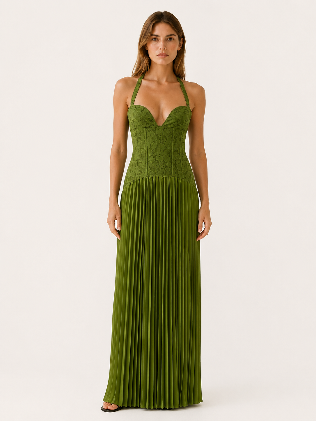 Formal Dress with Lace Bodice and Pleated Maxi Skirt for Women