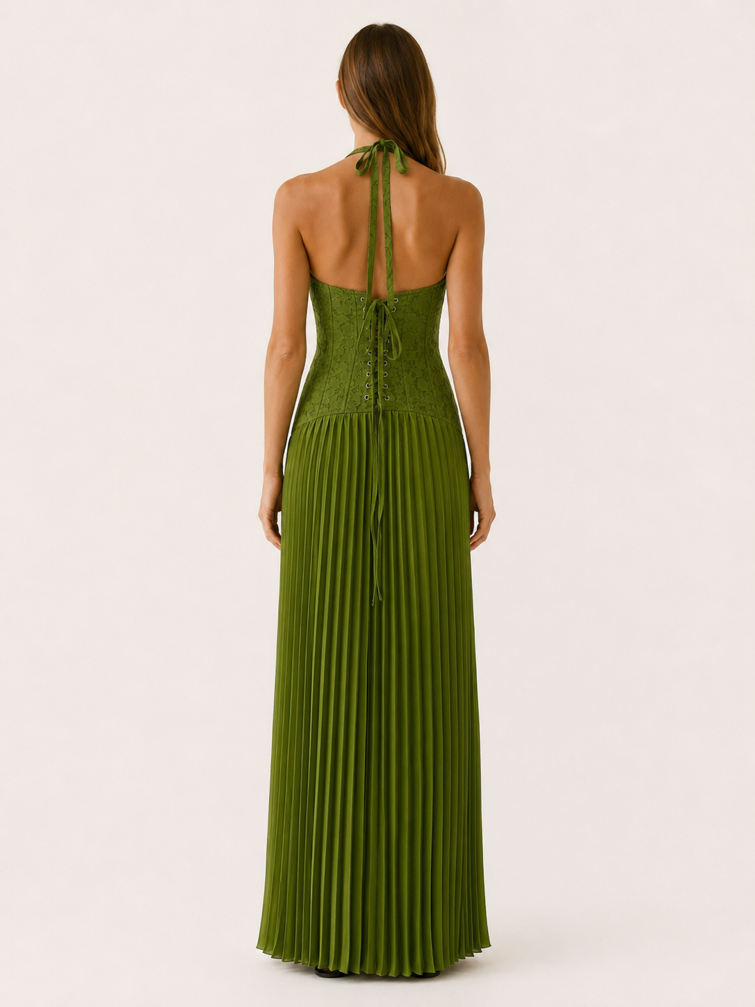 Formal Dress with Lace Bodice and Pleated Maxi Skirt for Women