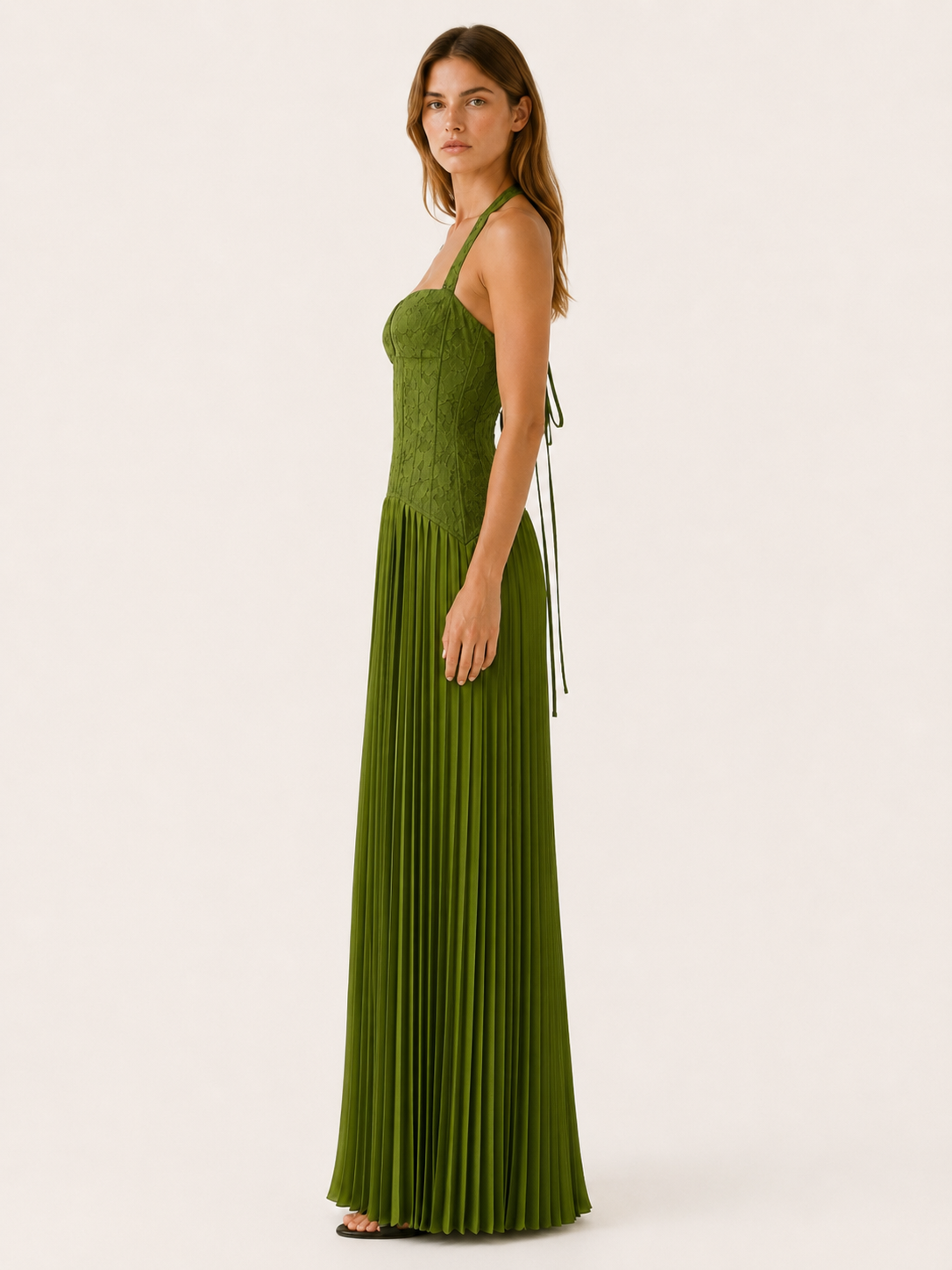 Formal Dress with Lace Bodice and Pleated Maxi Skirt for Women