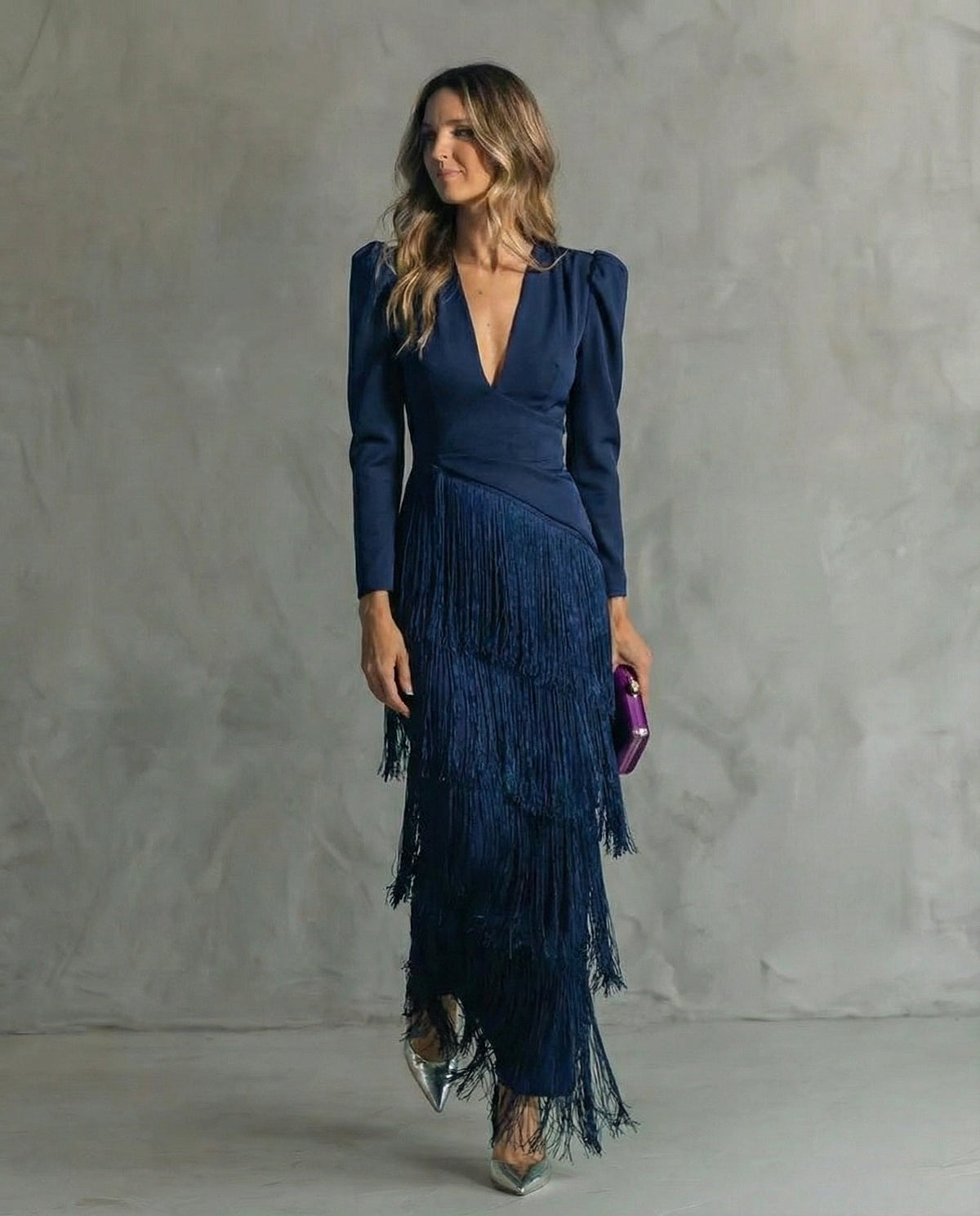 Formal Dress with Layered Fringe and Plunging Neckline for Women