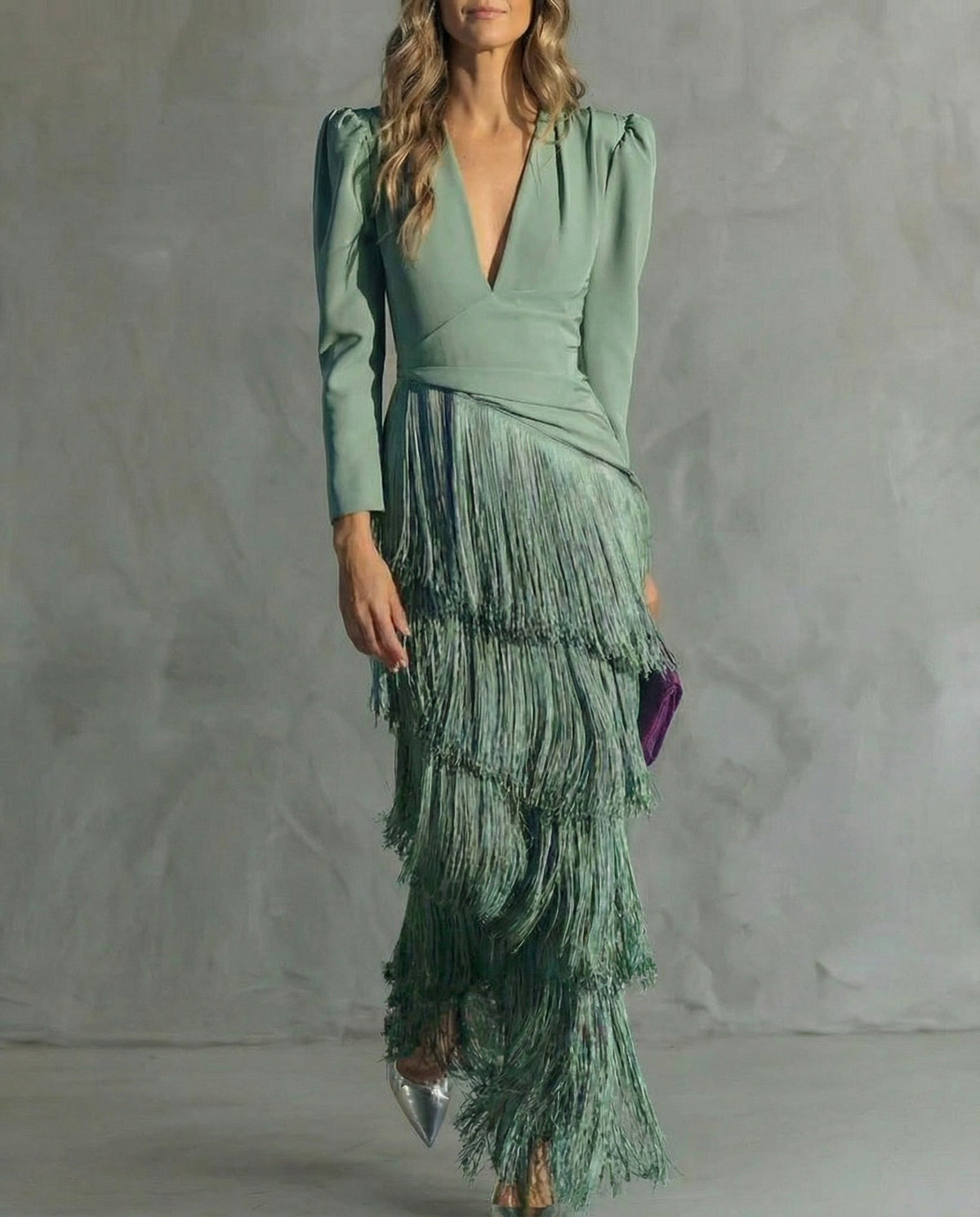 Formal Dress with Layered Fringe and Plunging Neckline for Women
