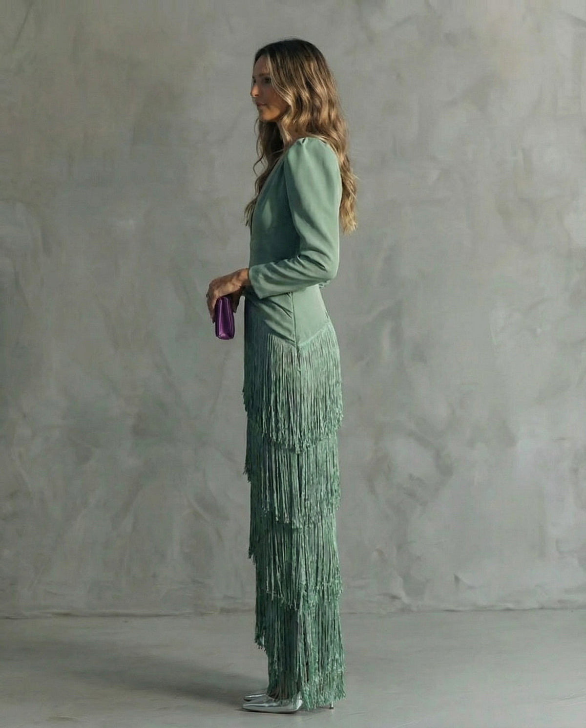 Formal Dress with Layered Fringe and Plunging Neckline for Women