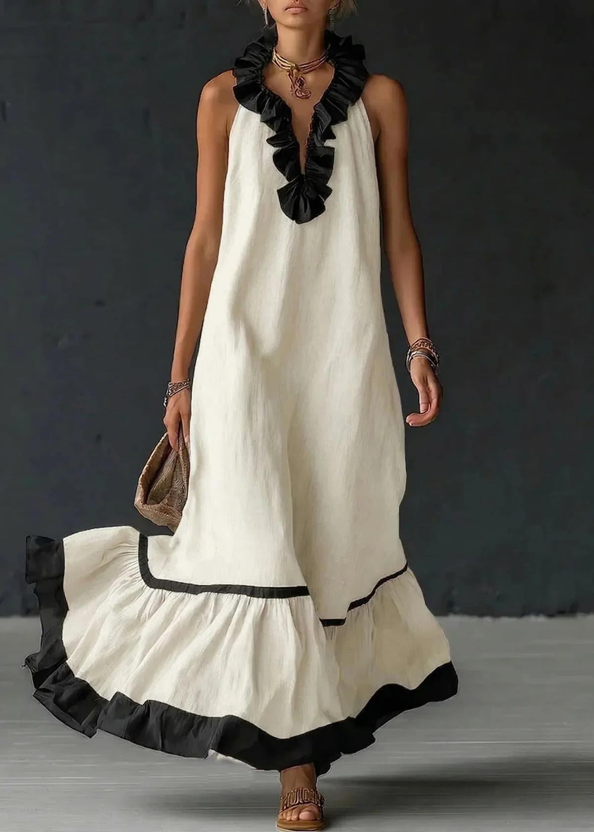 Formal Dress with Ruffled Halter Neck and Maxi Skirt for Women