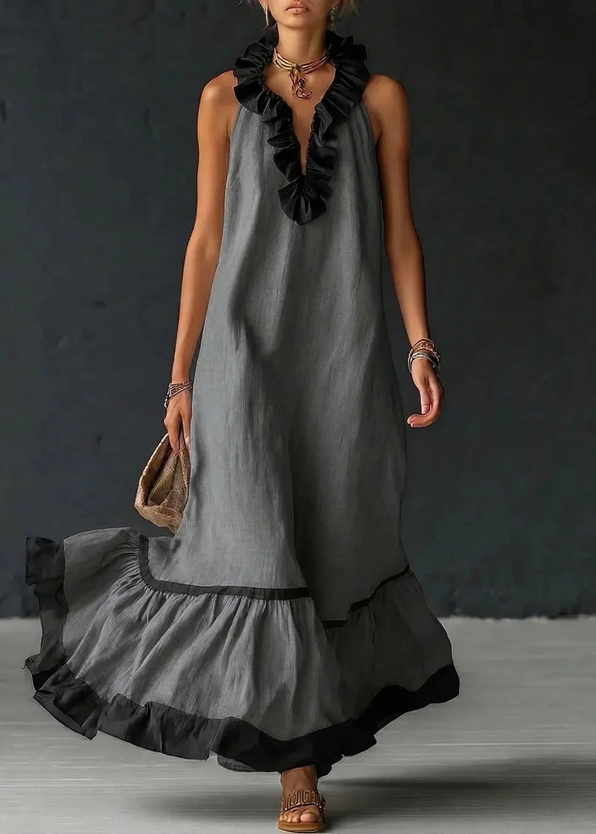 Formal Dress with Ruffled Halter Neck and Maxi Skirt for Women