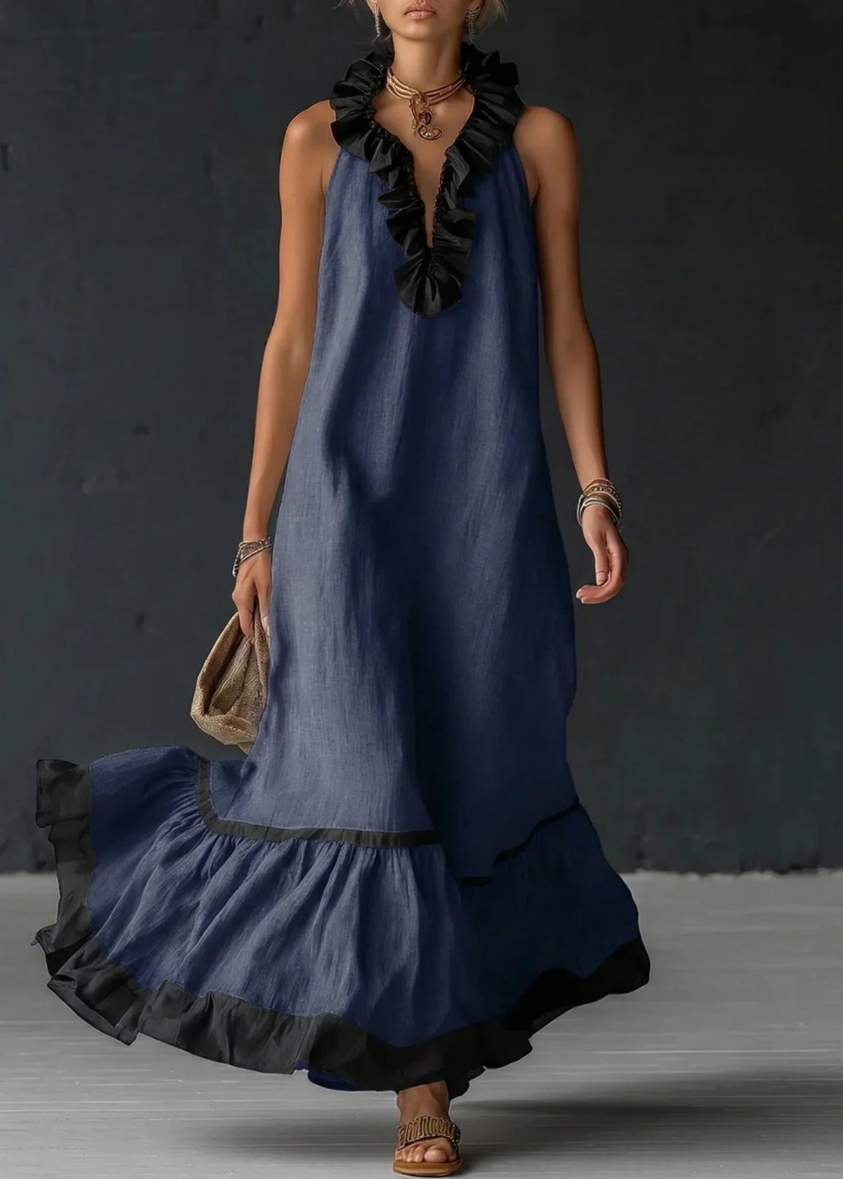 Formal Dress with Ruffled Halter Neck and Maxi Skirt for Women