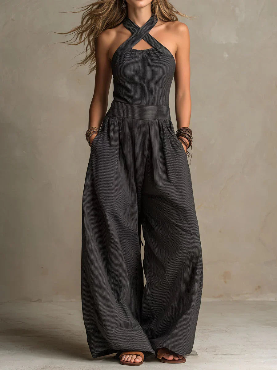 Jumpsuit with Crossed Collar and Side Pockets for Women