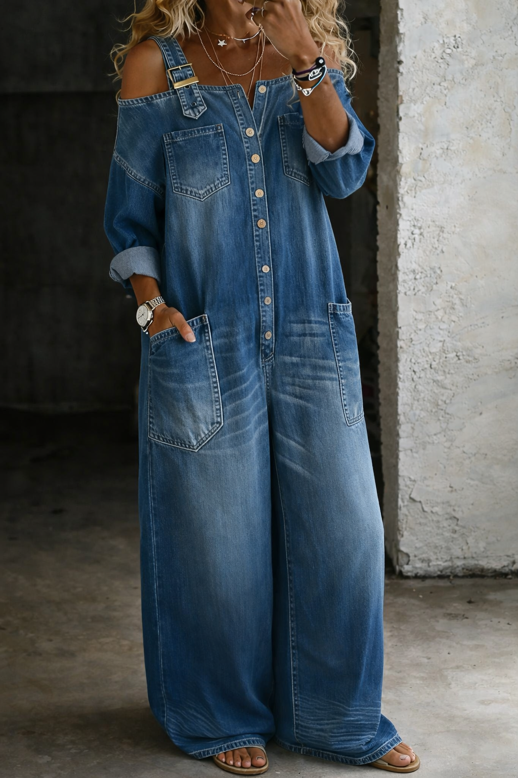 Jumpsuit with Off-Shoulder Neck and Relaxed Fit for Women