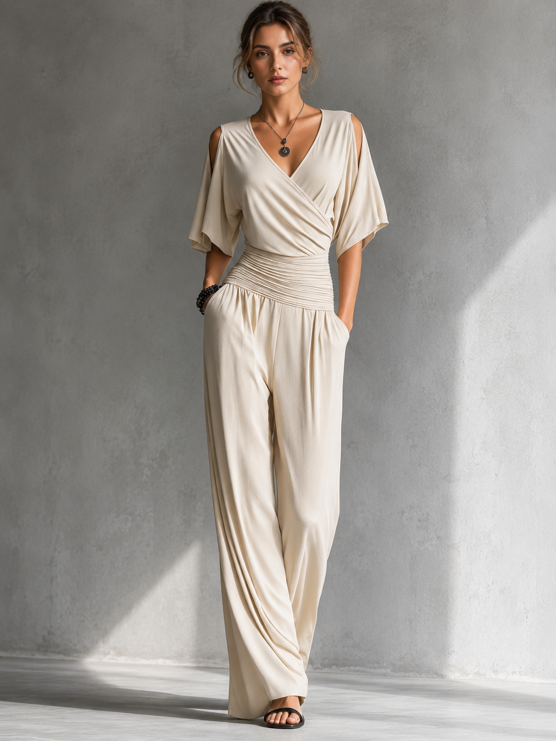 Jumpsuit with Wide Legs and Crossover V-Neck for Women