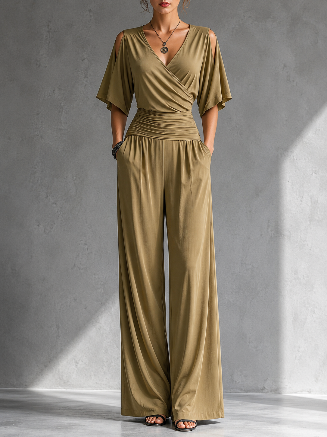 Jumpsuit with Wide Legs and Crossover V-Neck for Women