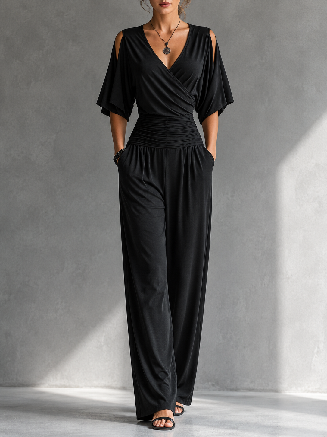 Jumpsuit with Wide Legs and Crossover V-Neck for Women
