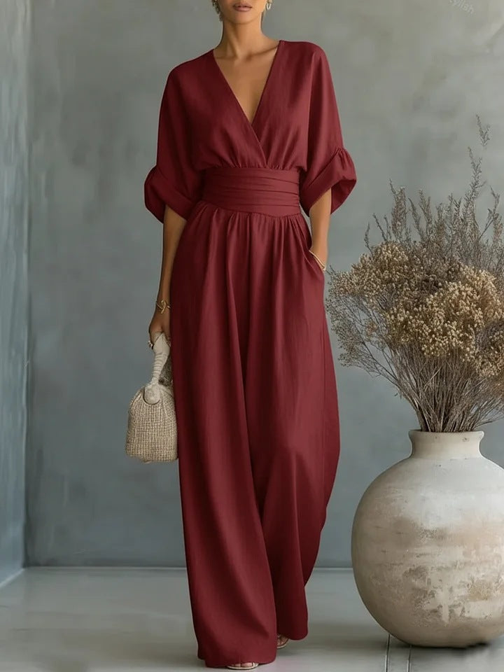 Jumpsuit with Wide Legs and Deep V-Neck for Women