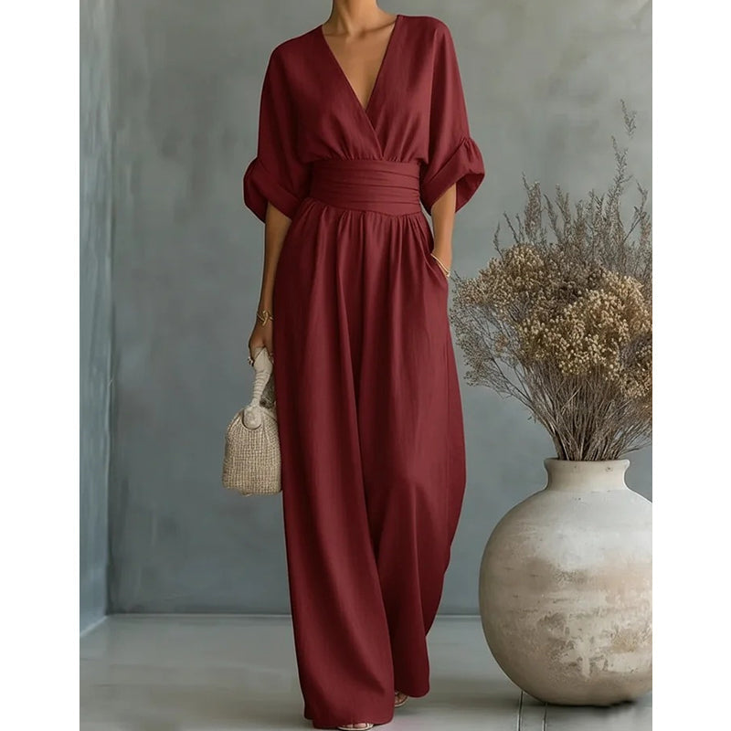 Jumpsuit with Wide Legs and Deep V-Neck for Women