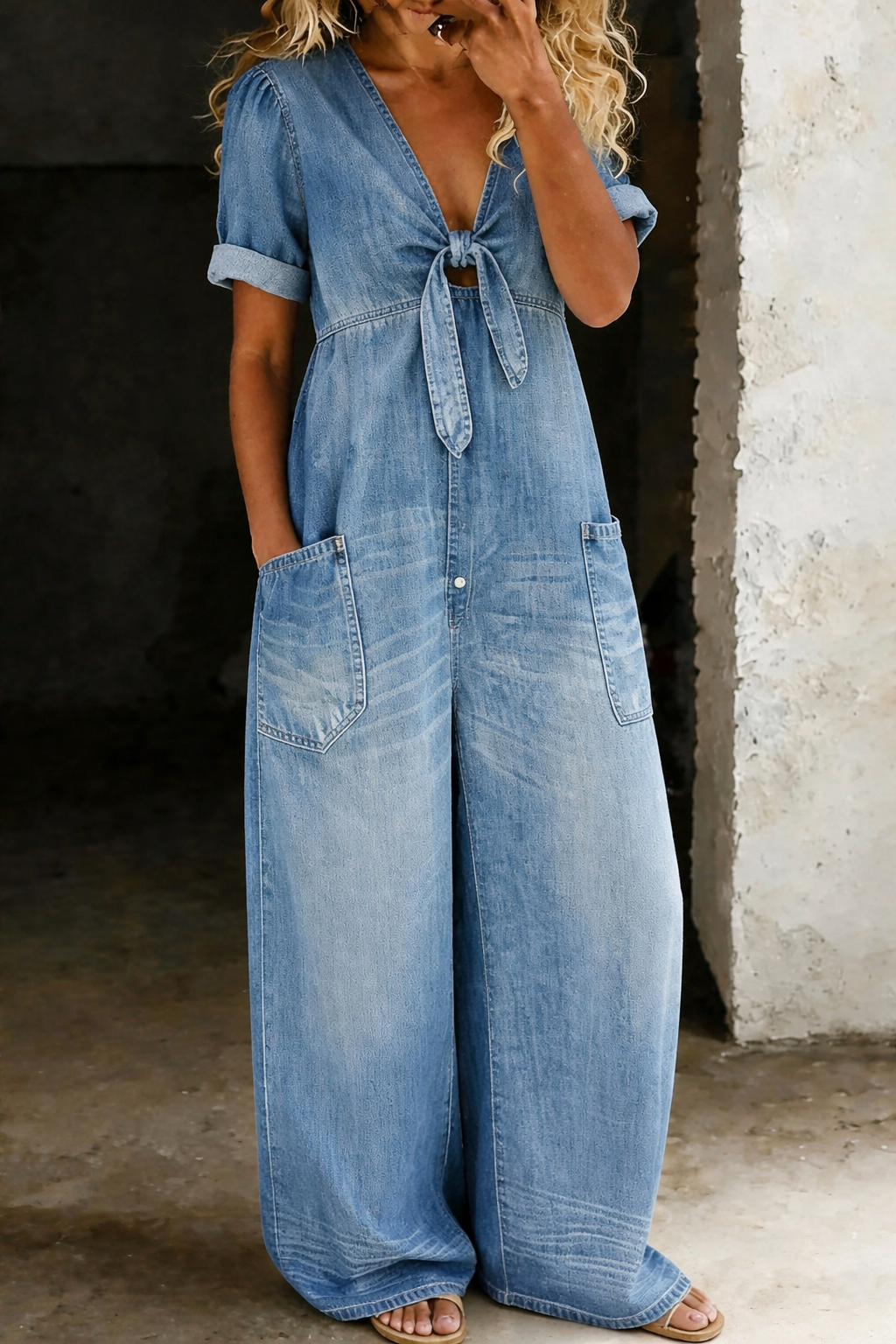 Jumpsuit with Wide Legs and V-Neck for Women