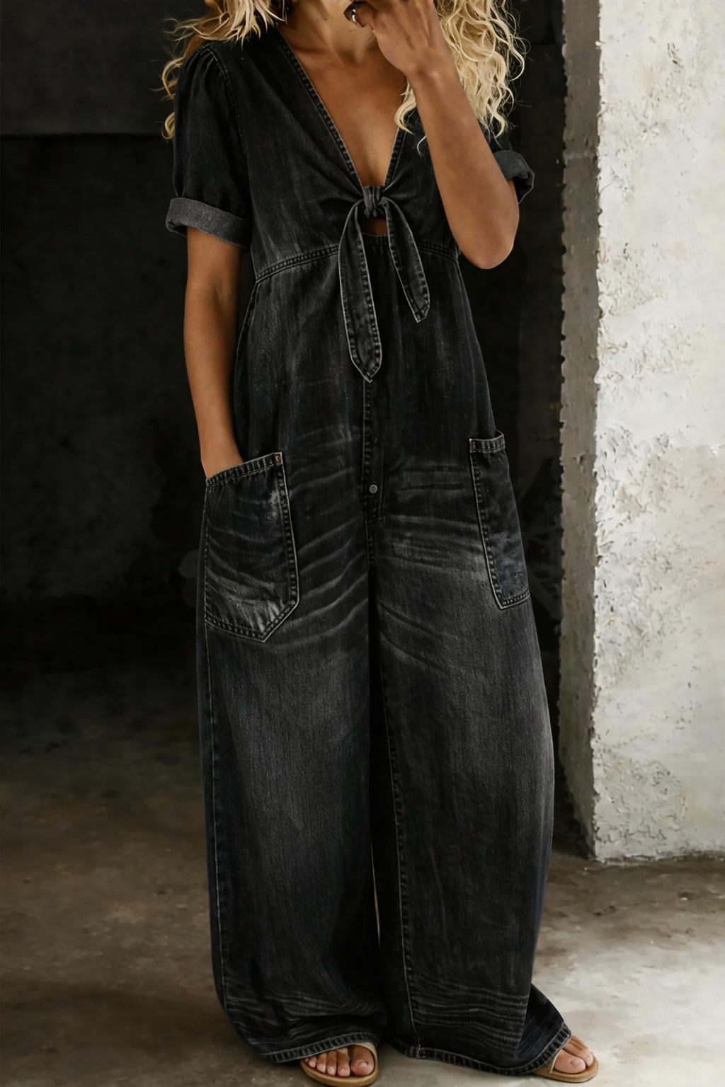 Jumpsuit with Wide Legs and V-Neck for Women