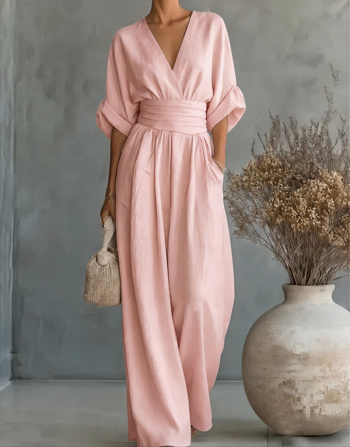 Jumpsuit with Wide Legs, V-Neck and Defined Waist