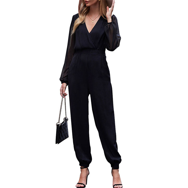 Jumpsuit with Wrap Front and Sheer Sleeve Frills for Women