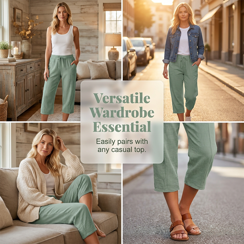 Linen Pants with Cropped Wide Legs for Women