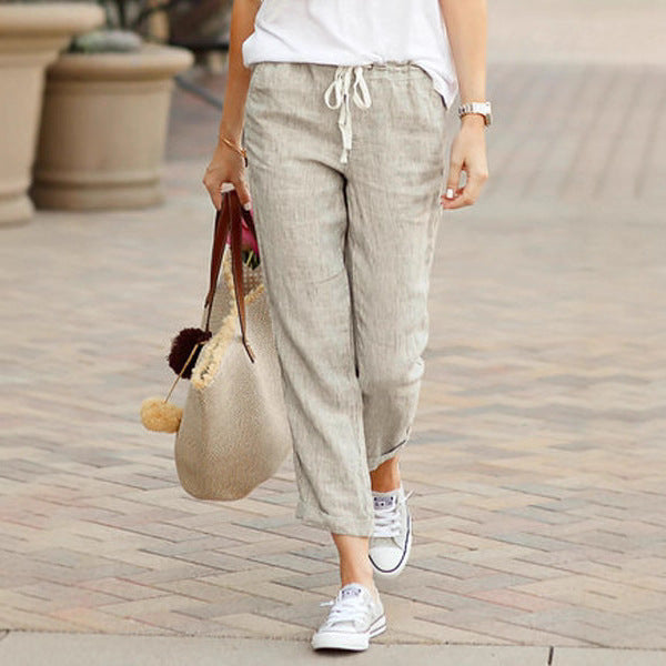 Linen Pants with Drawstring and Ankle-Length Cut for Women