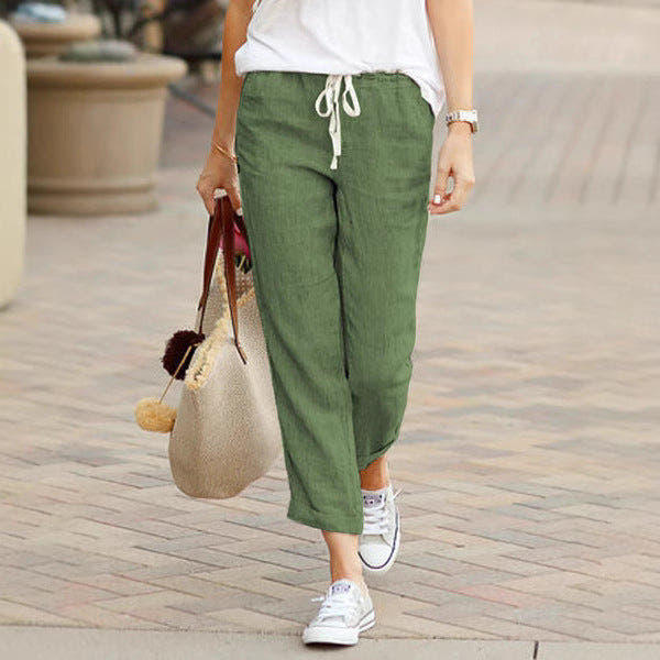 Linen Pants with Drawstring and Ankle-Length Cut for Women