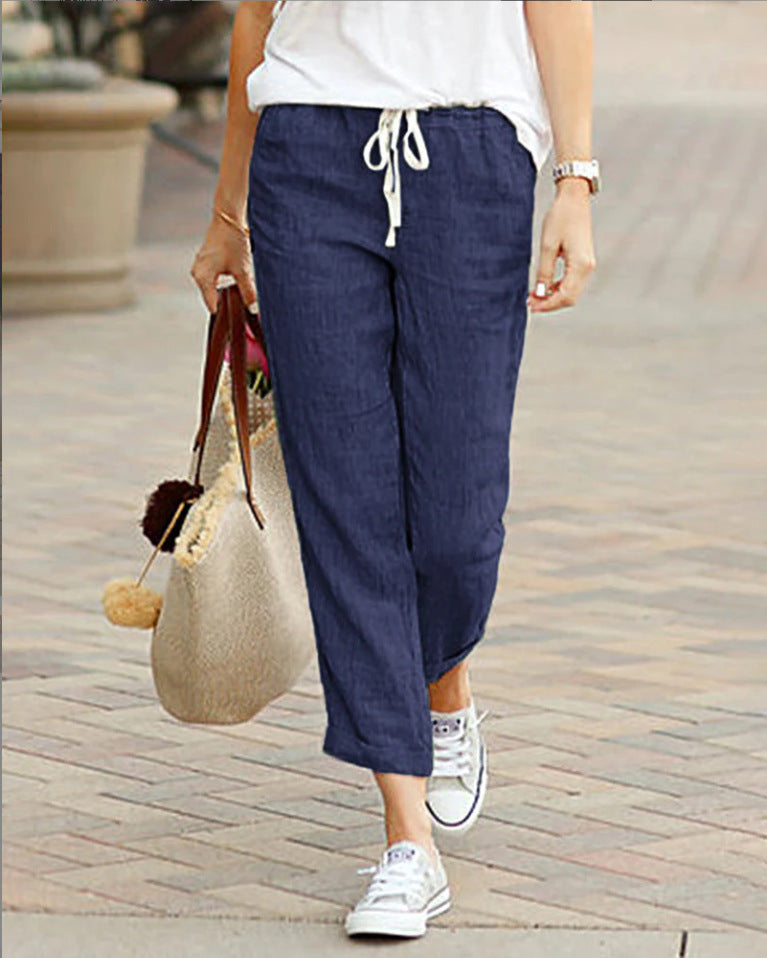 Linen Pants with Drawstring and Ankle-Length Cut for Women