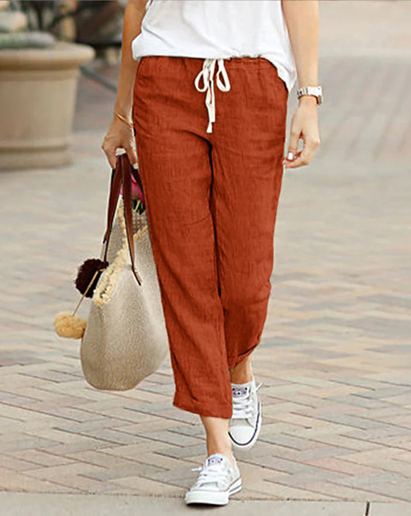Linen Pants with Drawstring and Ankle-Length Cut for Women