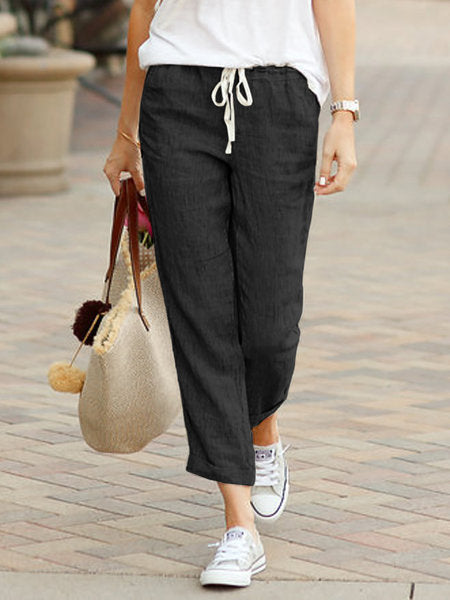 Linen Pants with Drawstring and Ankle-Length Cut for Women