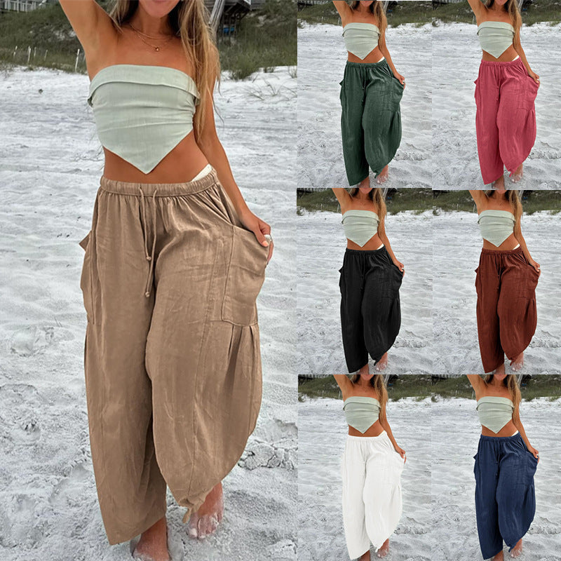 Linen Pants with Drawstring and Side Pocket for Women