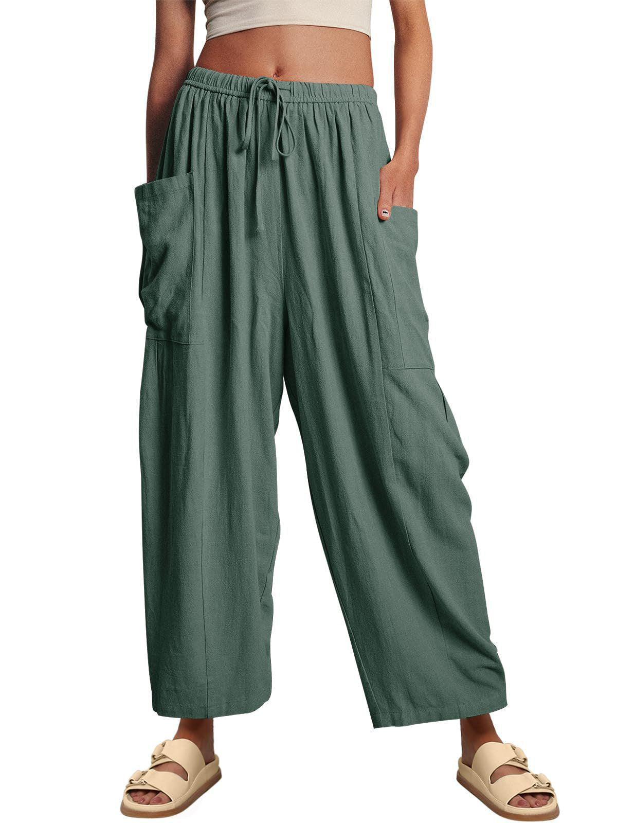 Linen Pants with Drawstring and Side Pocket for Women