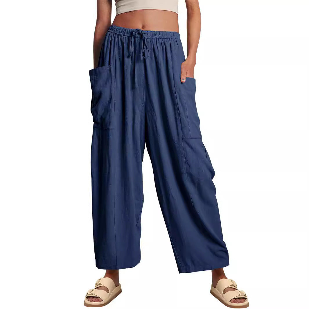Linen Pants with Drawstring and Side Pocket for Women