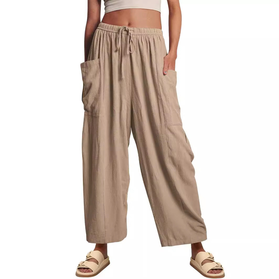 Linen Pants with Drawstring and Side Pocket for Women