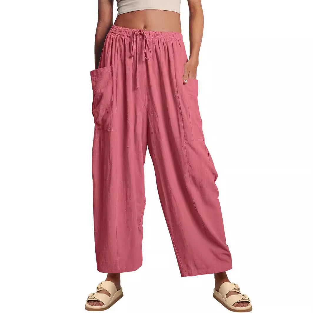 Linen Pants with Drawstring and Side Pocket for Women