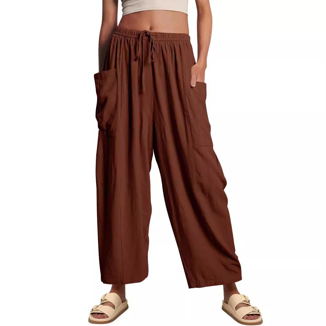 Linen Pants with Drawstring and Side Pocket for Women