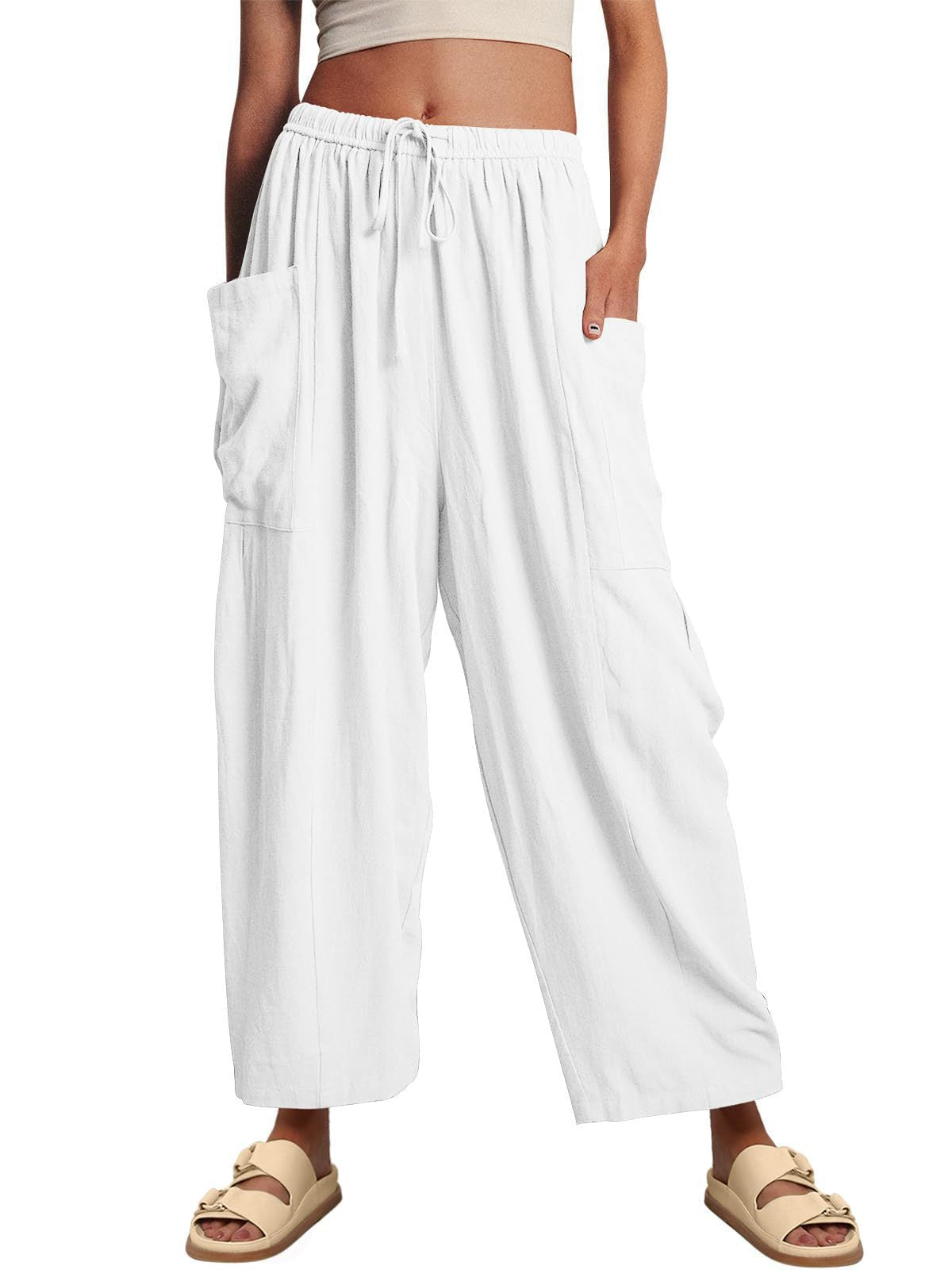 Linen Pants with Drawstring and Side Pocket for Women