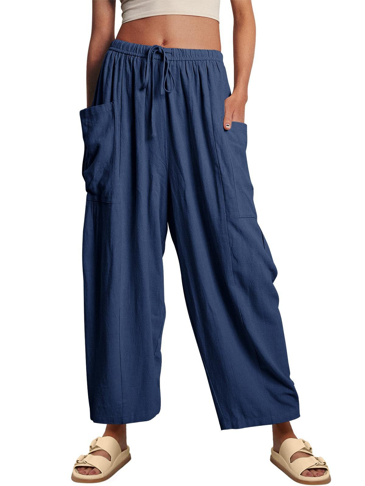Linen Pants with Drawstring and Side Pocket for Women