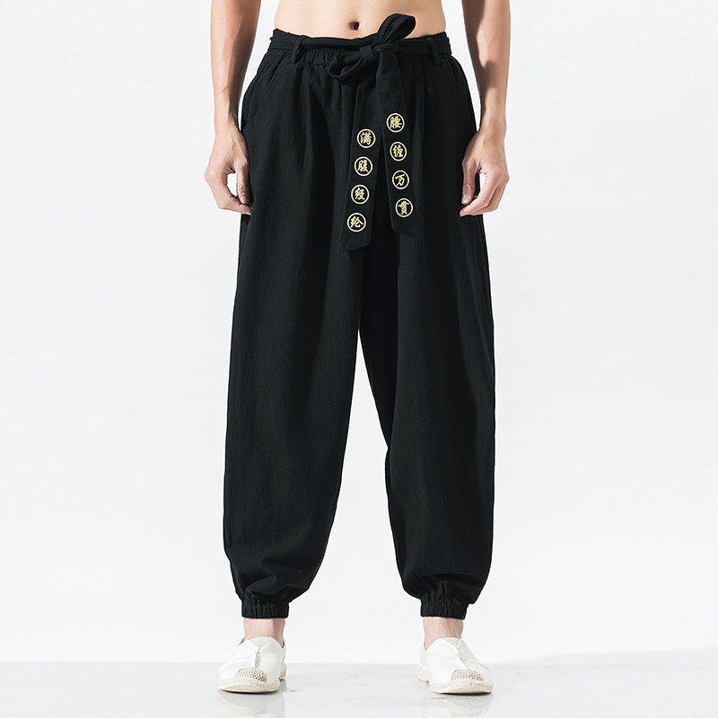 Linen Pants with Drawstring Waist and Ankle Cuffs for Women