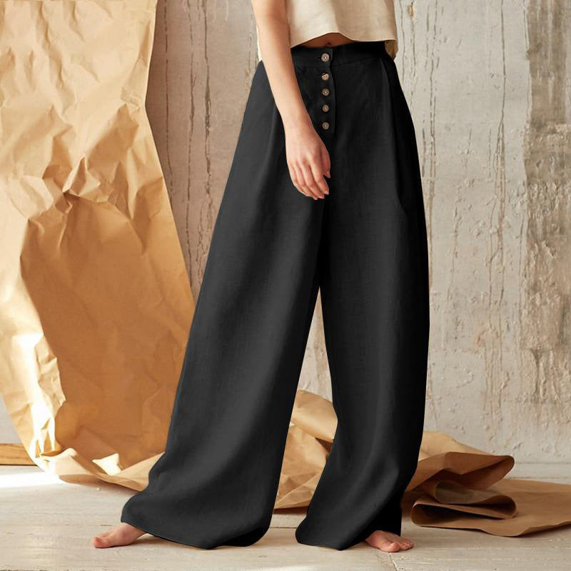 Linen Pants with High Waist and Side Pockets for Women